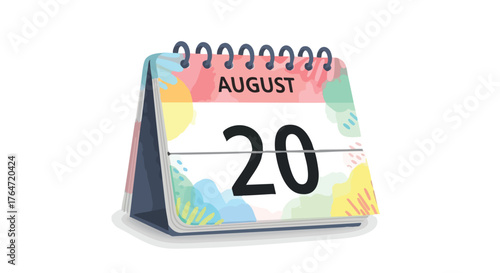 August 20th calendar page with vibrant abstract watercolor style graphics isolated on pure white canvas background, ideal for schedule or reminder