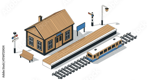 Isometric train station design with wooden building and railway elements
