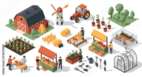 Farm and garden isometric elements with barn, windmill, tractor, and farmers