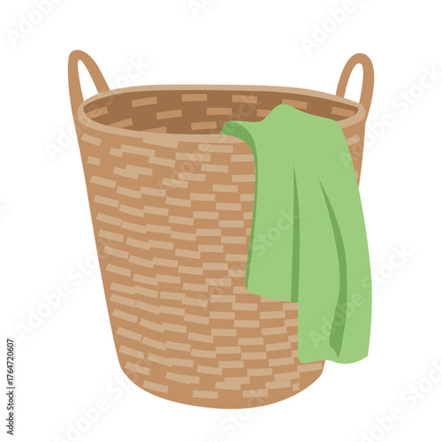 Laundry basket vector. Cartoon clothes clipart in flat design isolated on white background. Bathroom element, wicker basket.