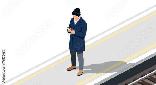 Commuter in blue coat standing at train platform with smartphone