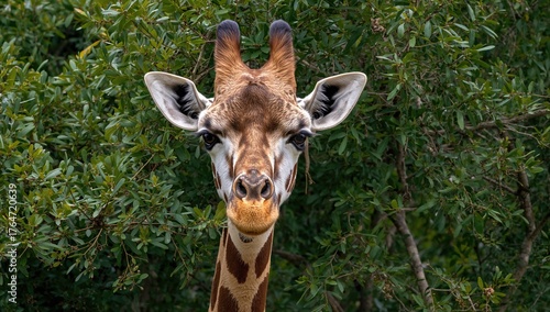 Detailed close-up of a giraffe with lush green leaves in the background