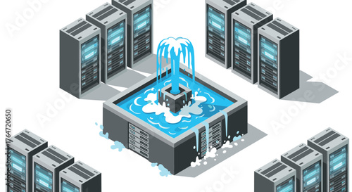 Isometric data center with cooling system featuring water fountain and server racks