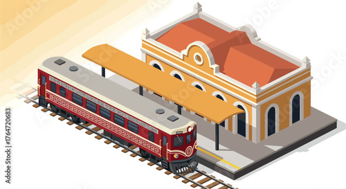 Isometric train station scene with vintage train and platform