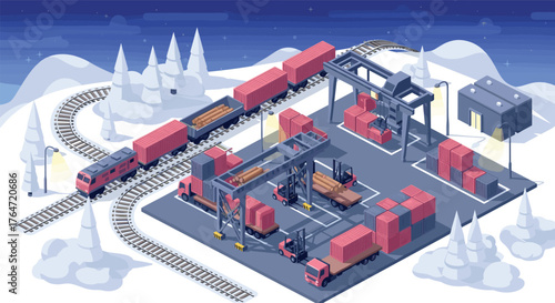 Isometric winter train yard with cargo containers and industrial equipment in snowy landscape