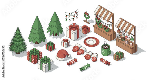 Festive holiday market scene with trees, gifts, and decorations in isometric style