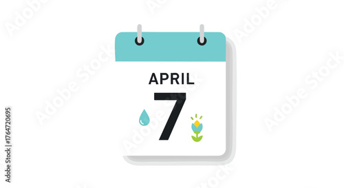 Calendar Page Depicting April 7th, Accompanying a Water Drop Symbol and a Flourishing Flower Element on a Pristine White Backdrop