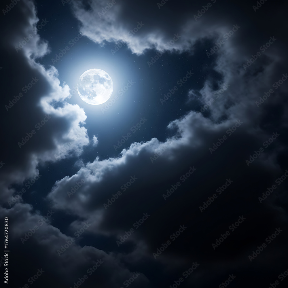 Obraz premium Copy space night scene dark blue night sky with stars, moonlight, clouds, full moon background