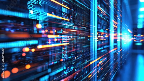 High speed data transfer in futuristic server room with glowing blue and orange lines, ideal for AI technology, IT infrastructure, and cloud computing visuals