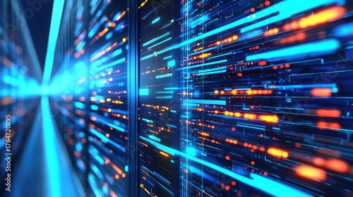 Futuristic data flow in AI server room with glowing blue and orange lights, ideal for IT infrastructure, cloud computing, and digital technology visuals