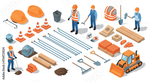 Isometric construction tools and workers set for building projects