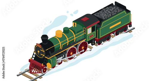 Isometric vintage steam train on tracks with coal carriage design
