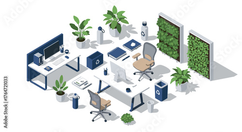 Modern eco-friendly office space with plants and recyclable materials in isometric design