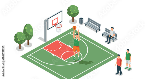 Isometric basketball court scene with players and spectators in park setting