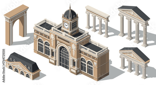 Isometric classical architecture set with clock tower and columns