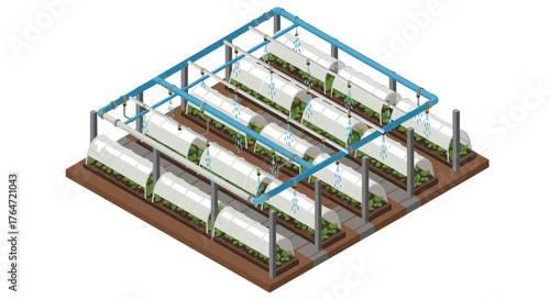 Isometric greenhouse with automated irrigation system for modern agriculture