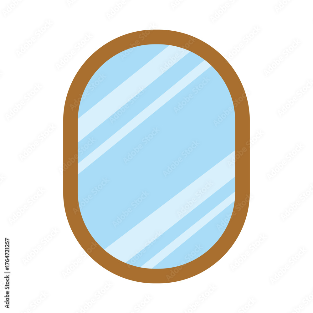 Obraz premium Mirror vector in flat cartoon style. Wall mirror in oval shape with brown frame. Household items in bathroom, bedroom or makeup accessories. Mirror clipart isolated on white background.