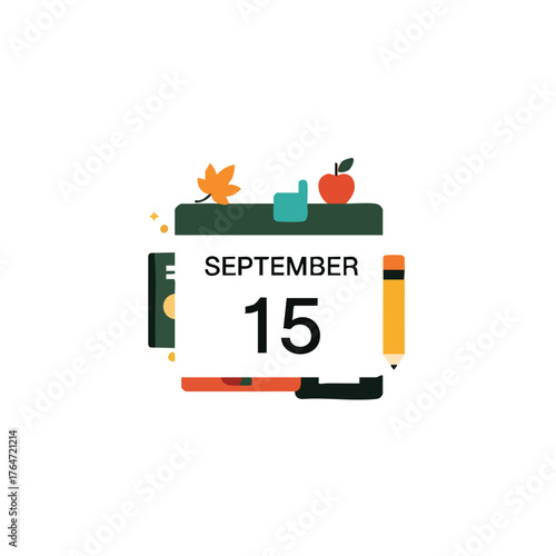 A stylized calendar marking september 15th with school and autumn elements in the composition with learning concept illustrations