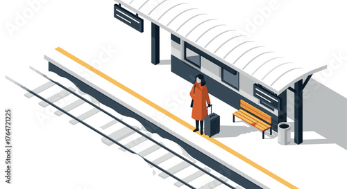 Isometric train station platform with waiting passenger and luggage