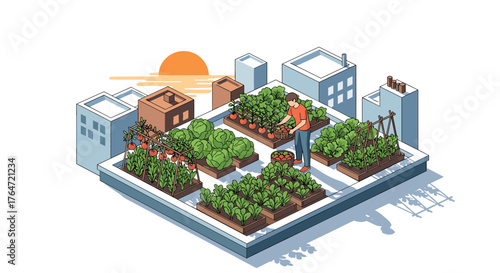 Urban rooftop gardening with vibrant vegetables in the cityscape at sunset