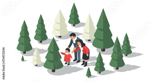Family enjoying nature walk in winter forest with evergreen trees isometric design