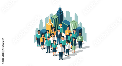 Diverse group of professionals in front of city buildings isometric style