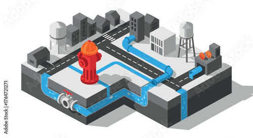 Isometric urban infrastructure with water system and hydrant