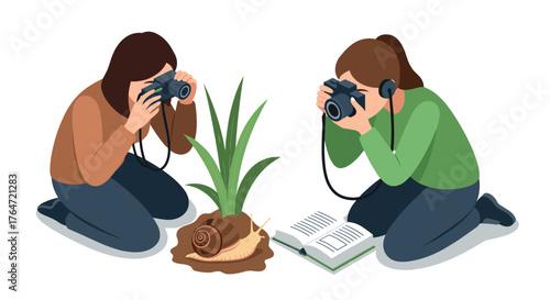 Nature enthusiasts photographing snails in detailed flat style design