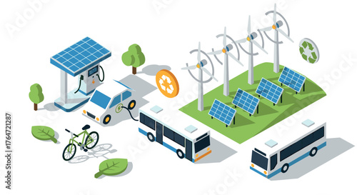 Isometric renewable energy scene with solar panels, wind turbines, and electric vehicles