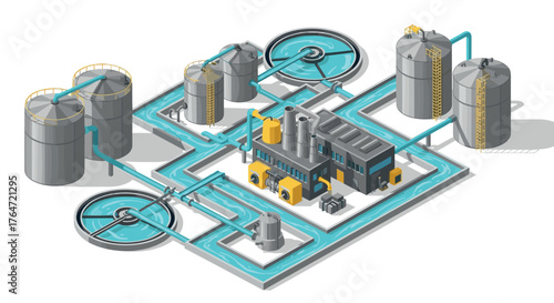 Modern isometric industrial plant with tanks and pipelines for water treatment