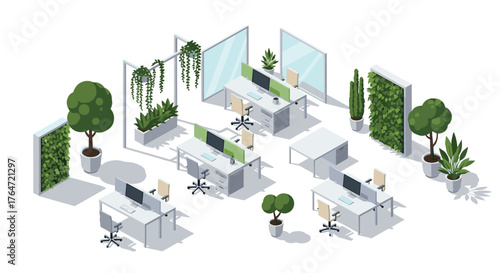 Modern isometric office space with green indoor plants and open workstations