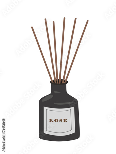 Reed diffuser vector. Home fragrance bottle with disffuser sticks. Bathroom accessories. Flat vector in cartoon style isolated on white background.