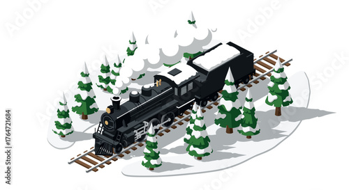 Isometric steam train traveling through snowy forest on wintery tracks