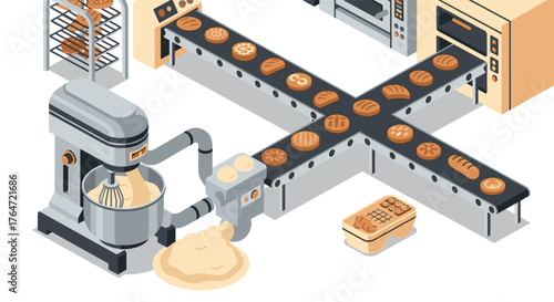 Modern isometric bakery scene with conveyor system and bread production elements