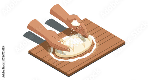 Baking preparation scene with hands kneading dough on wooden surface in isometric style