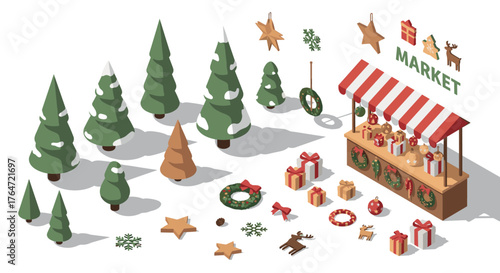 Festive market isometric design with christmas trees and gifts