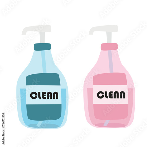 Showel gel bottle vector set in cartoon style. Shampoo bottle or liquid soap bottle in flat design. Bathroom accessories, toiletries clipart.