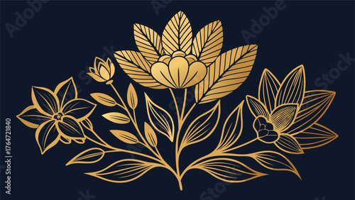 Golden Botanical Illustration on Dark Background Featuring Luxurious Metallic Flowers and Leaves
