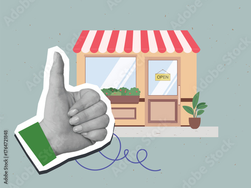Black and white hand with a thumbs up gesture near a small shop or store. Modern photo collage style. Vector illustration