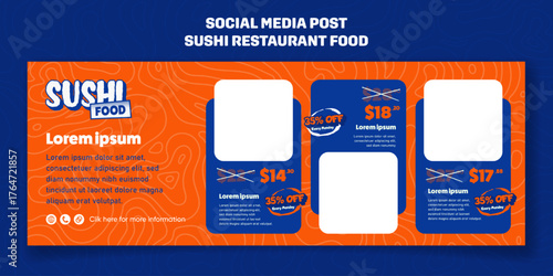 Sushi banner post template in orange blue background design with sushi menu for sushi restaurant advertisement design
