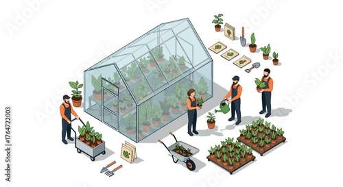Isometric greenhouse with gardeners nurturing plants and seedlings