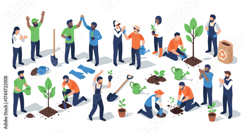 Community gardening activity with people planting trees and watering plants in isometric style