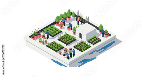 Urban rooftop garden with people tending plants in isometric design