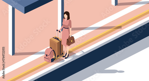 Isometric woman with luggage waiting at modern train station platform