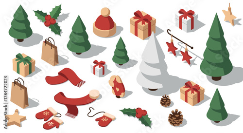 Festive isometric christmas elements with gifts and decorations