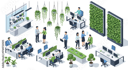 Modern office with greenery and sustainable design in isometric view
