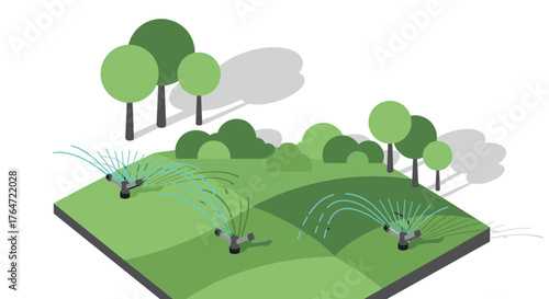 Isometric garden with sprinkler system and lush greenery in a minimalist style