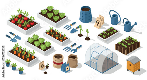 Isometric gardening elements with greenhouse and tools for urban farming
