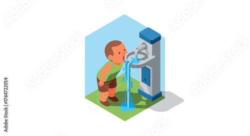 Isometric child drinking water at public fountain in urban park