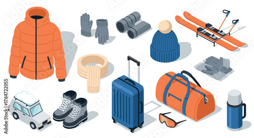 Winter travel essentials isometric set with jacket, ski gear, luggage, and accessories